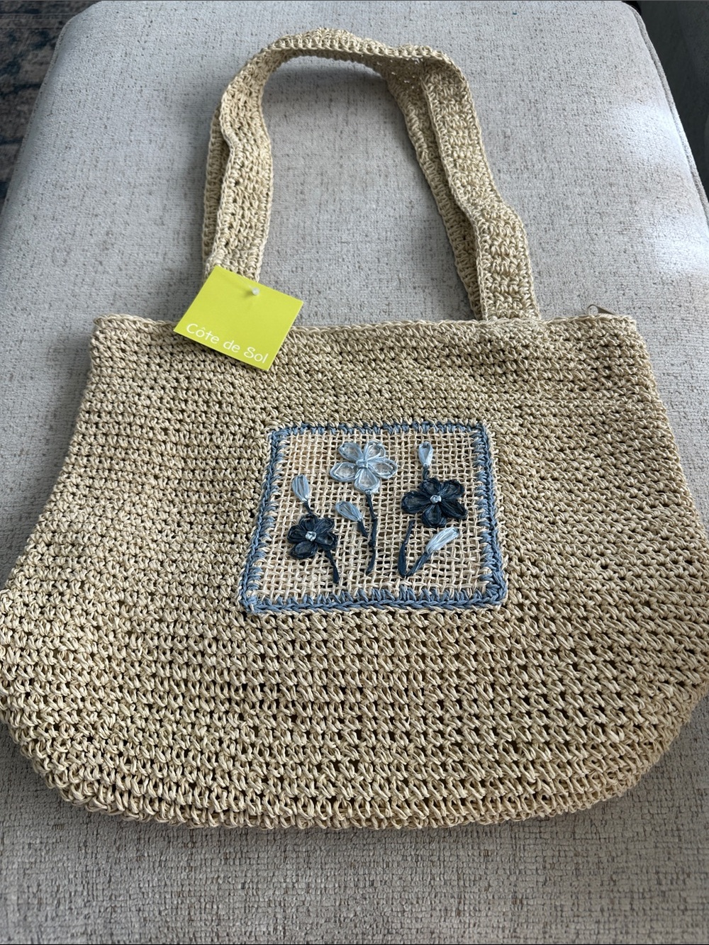 NWT Cote de Sol Woven Straw Beach Tote Bag Floral Embroidered Summer Purse